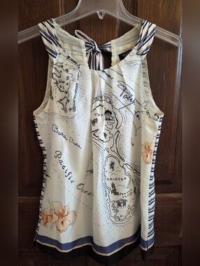 EUC White House Black Market Ivory Map-Print Tie-Back Shell
